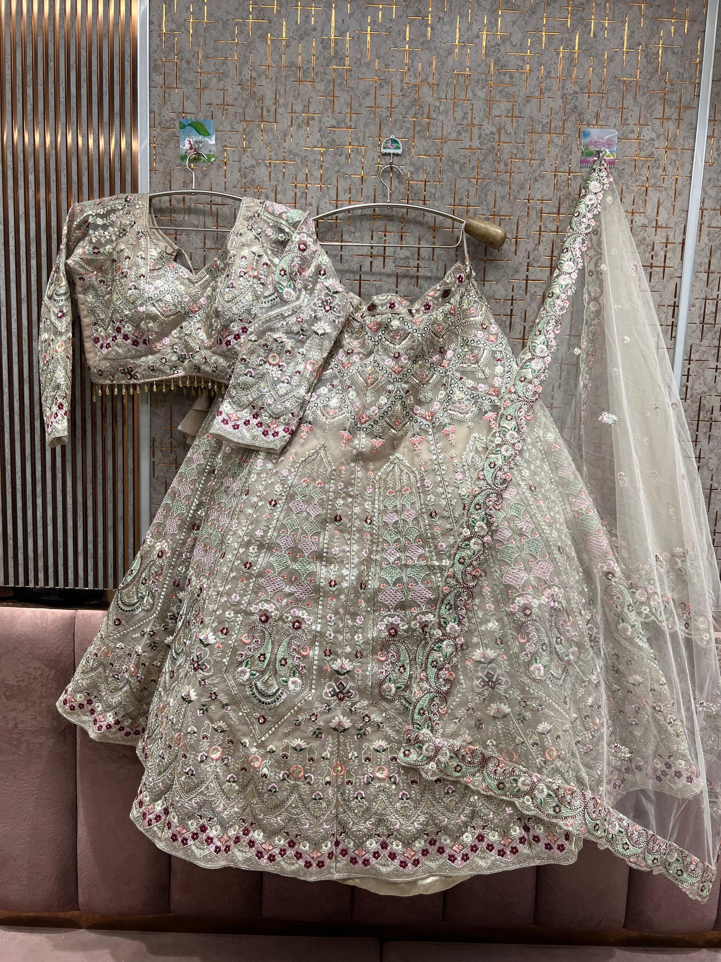 Astonishing Beige golden peacock Crop top Lehenga