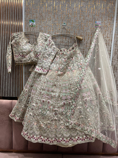 Astonishing Beige golden peacock Crop top Lehenga