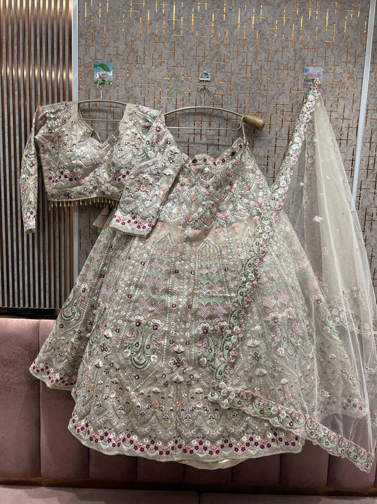 Astonishing Beige golden peacock Crop top Lehenga