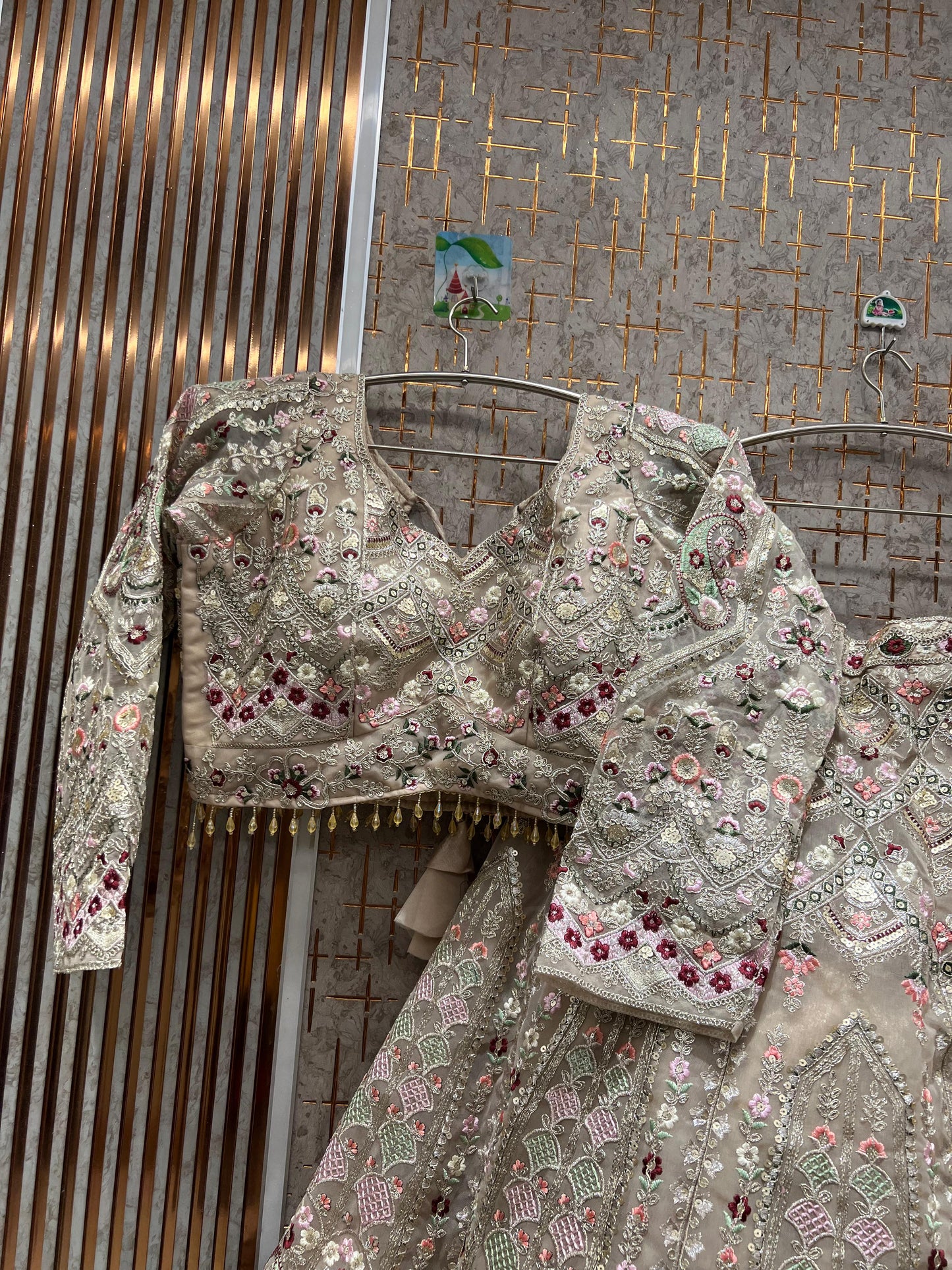 Astonishing Beige golden peacock Crop top Lehenga