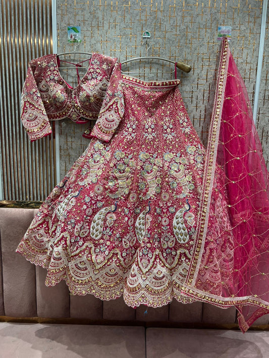 Beautiful Hot pink peacock Crop top Lehenga