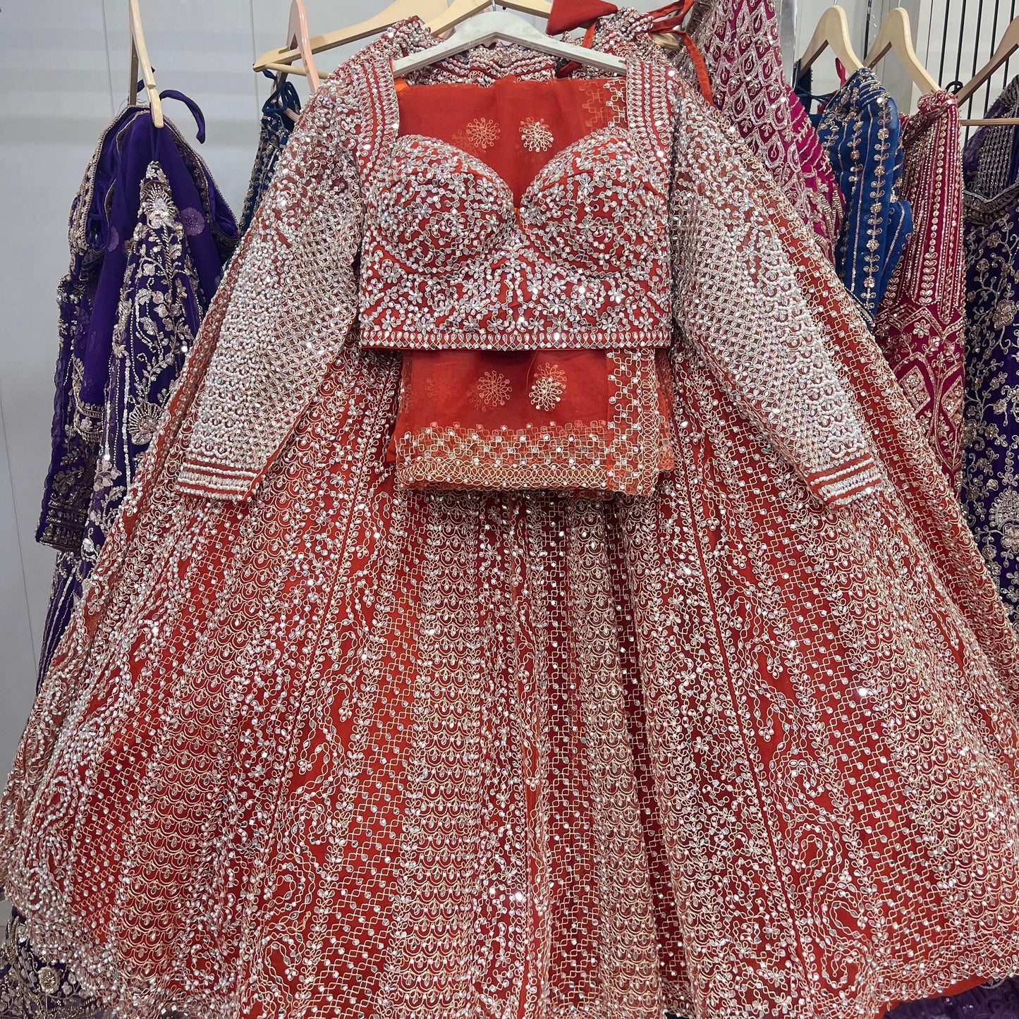 Pretty Mirror work orange Crop Top Lehenga