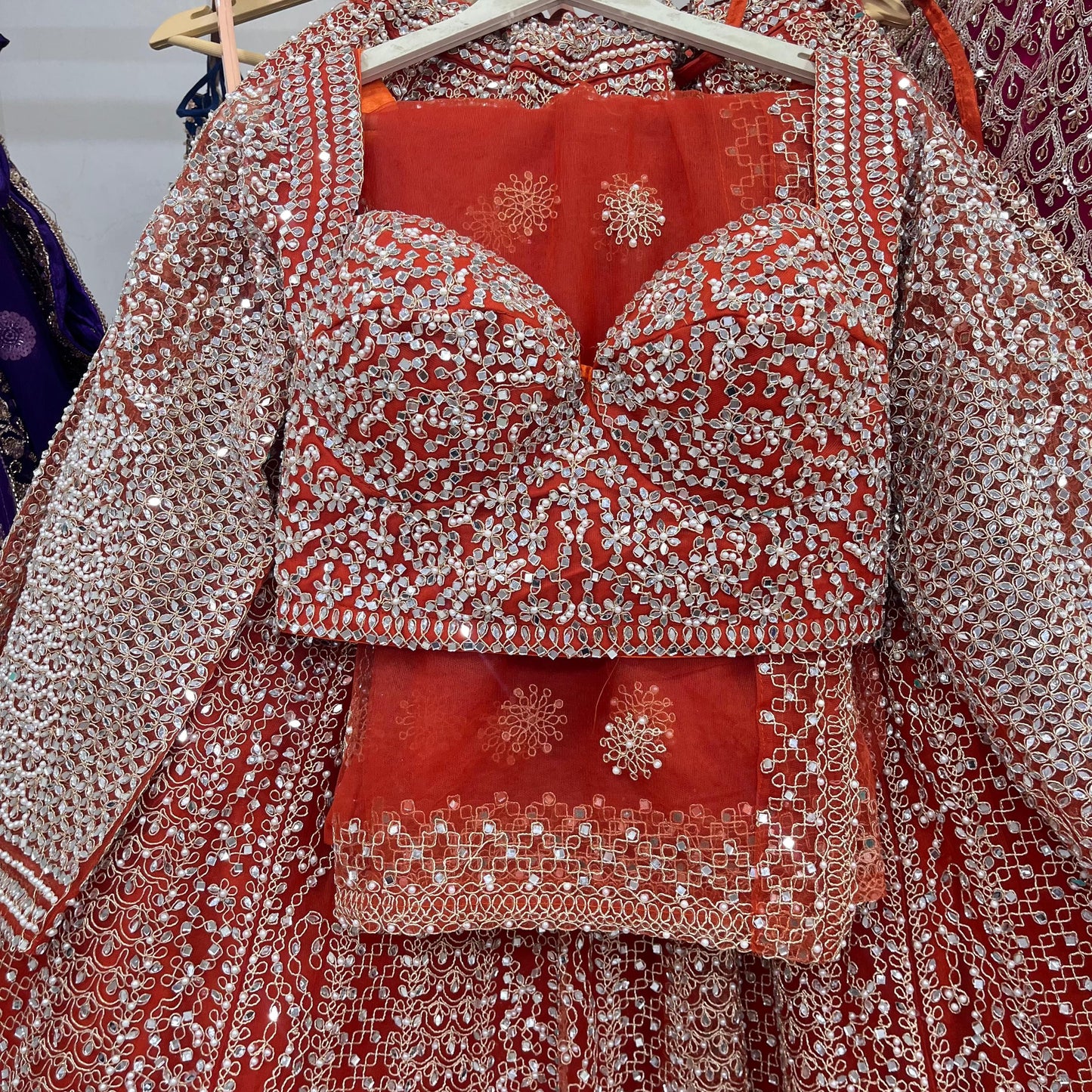 Pretty Mirror work orange Crop Top Lehenga