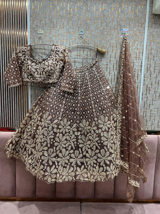 Elegant Mustard Floral Crop Top Lehenga