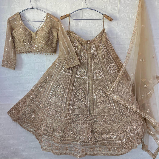 Pretty Beige golden Crop Top Lehenga