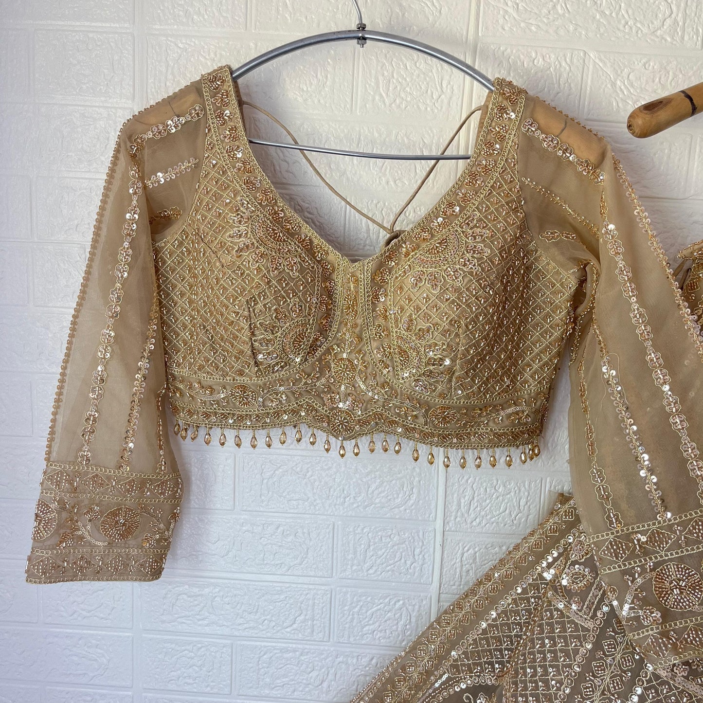 Pretty Beige golden Crop Top Lehenga