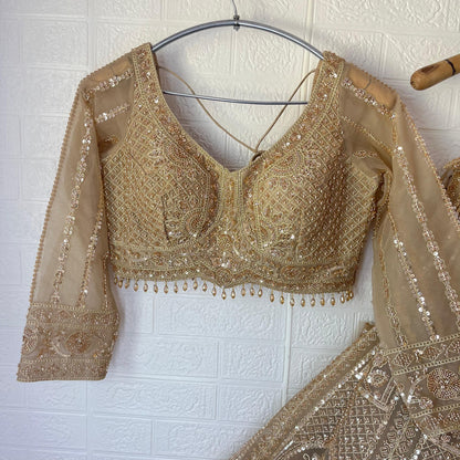 Pretty Beige golden Crop Top Lehenga