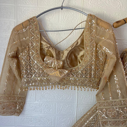Pretty Beige golden Crop Top Lehenga