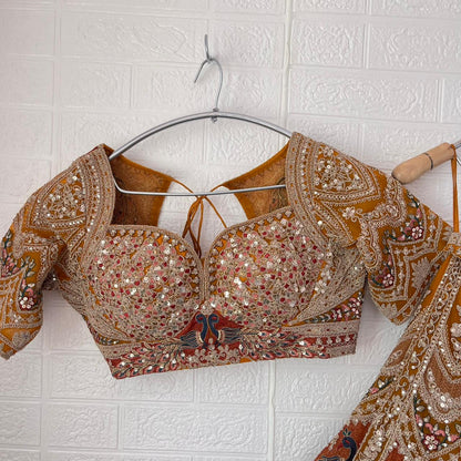 Pleasing yellow mehendi green Peacock Crop Top Lehenga