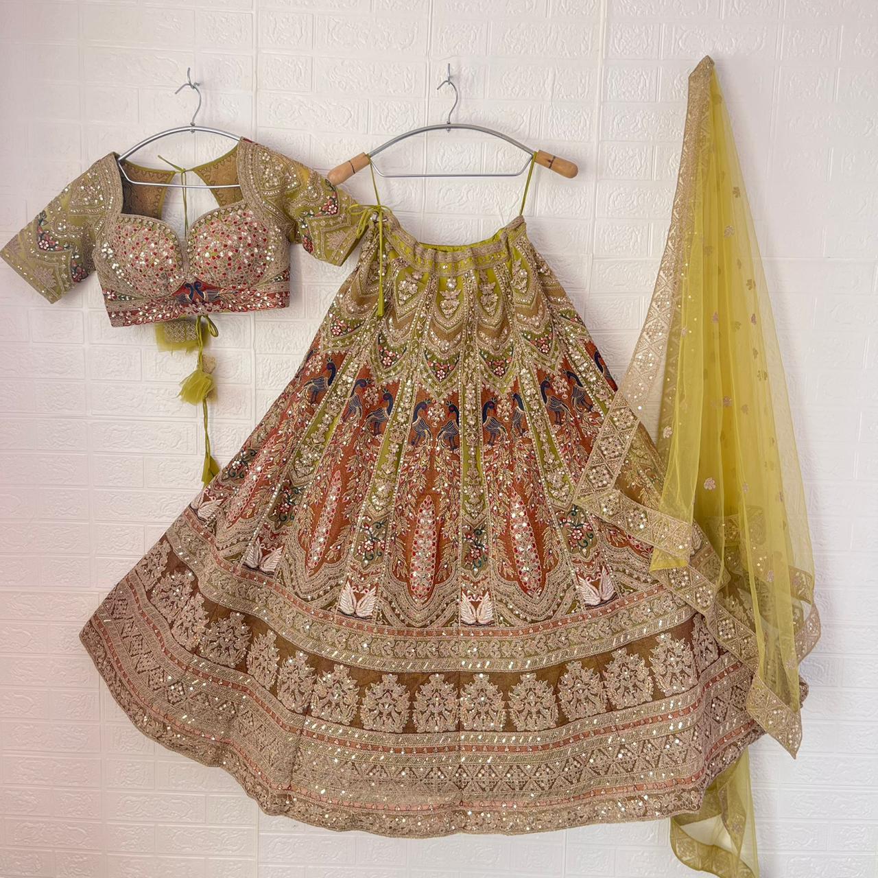 Pleasing yellow mehendi green Peacock Crop Top Lehenga