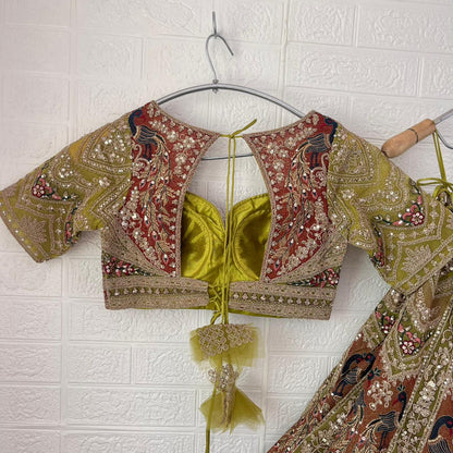 Pleasing yellow mehendi green Peacock Crop Top Lehenga
