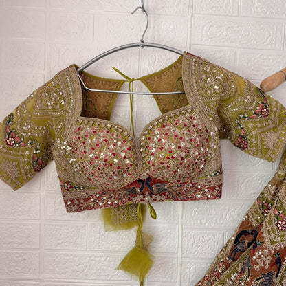 Pleasing yellow mehendi green Peacock Crop Top Lehenga