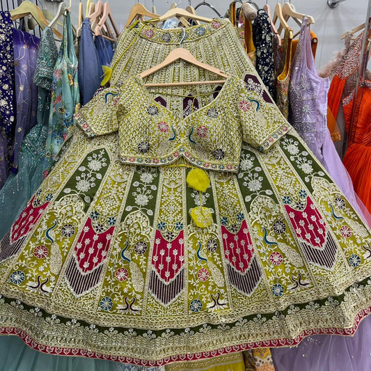 Amazing lime green Heavy peacock Crop top Lehenga