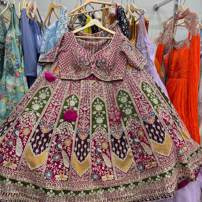 Awesome pink Heavy peacock Crop top Lehenga