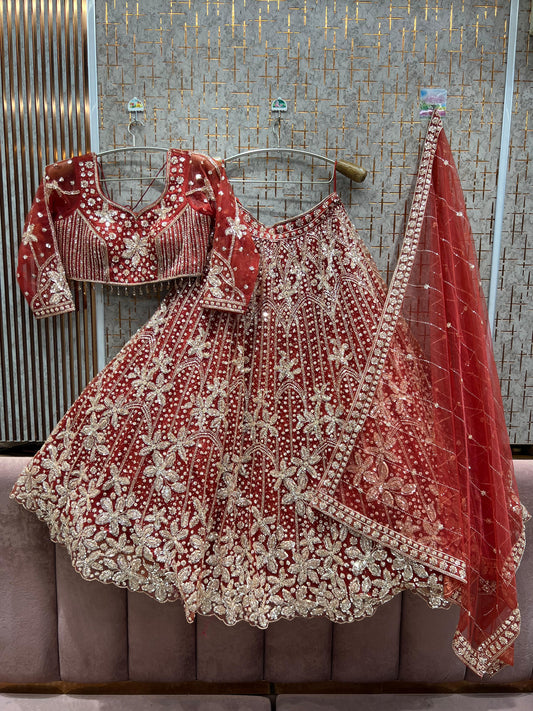 Amazing orange red Floral Crop top Lehenga