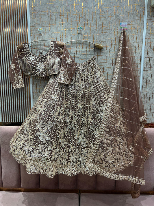 Awesome Beige Mustard Floral Crop top Lehenga