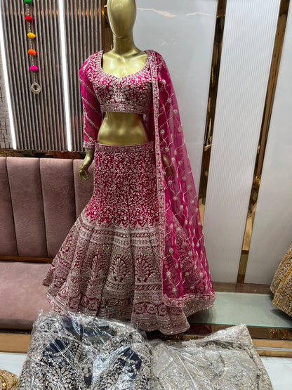 Attractive Hot pink fish cut Crop top Lehenga