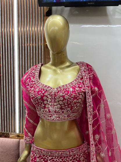 Attractive Hot pink fish cut Crop top Lehenga