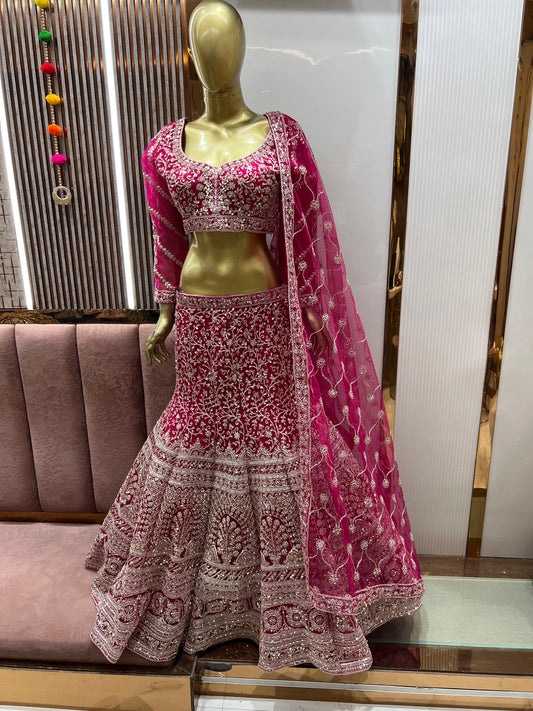 Attractive Hot pink fish cut Crop top Lehenga
