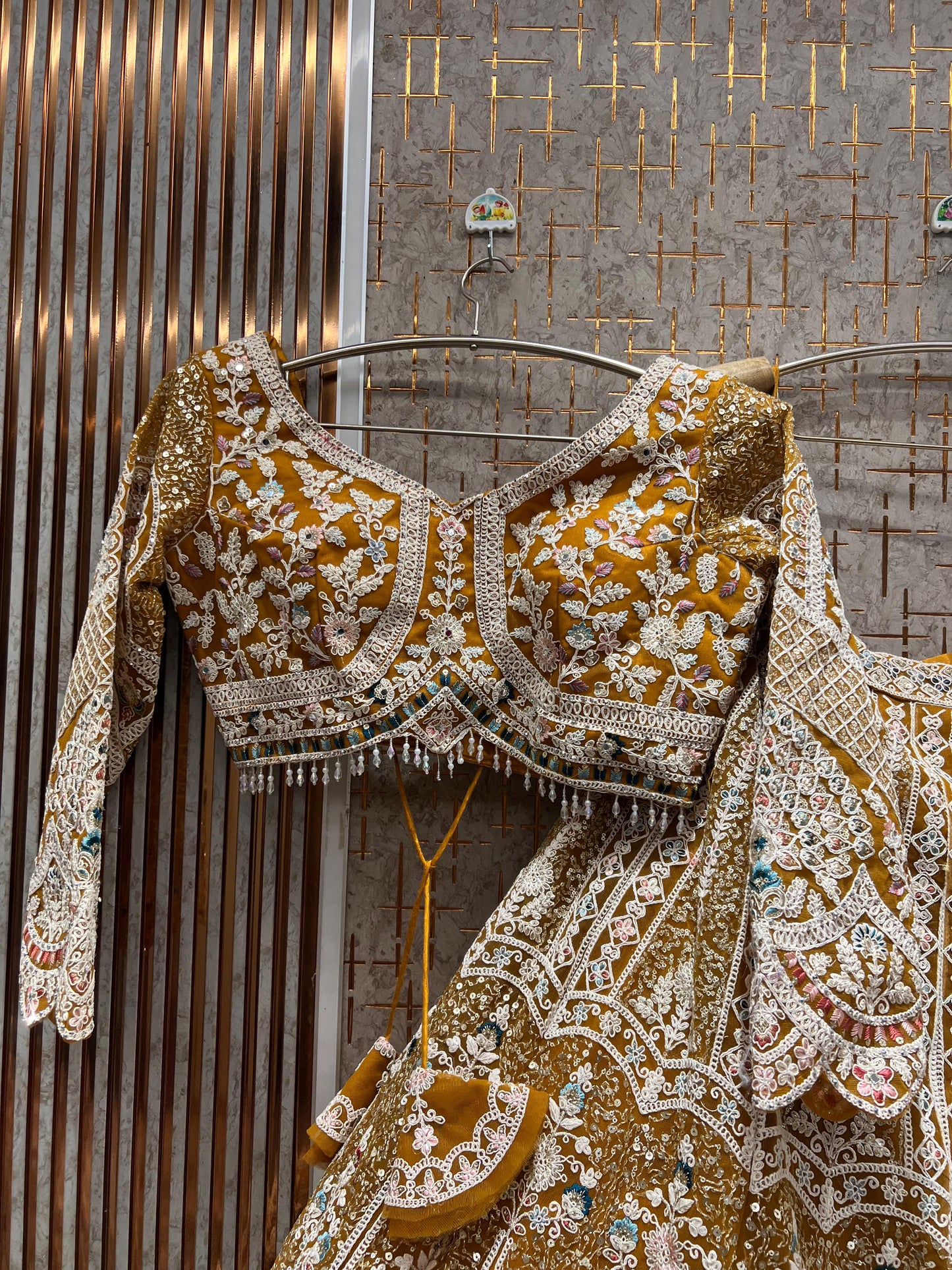 Glamorous yellow peacock crop top Lehenga