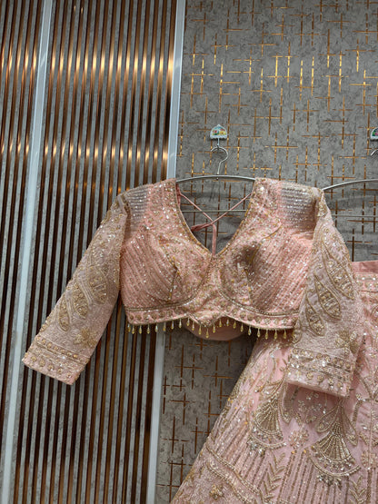 Stunning Baby pink peacock Crop Top Lehenga