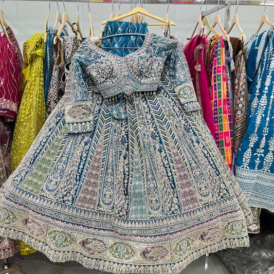 Stunning Sky Blue peacock Crop top Lehenga