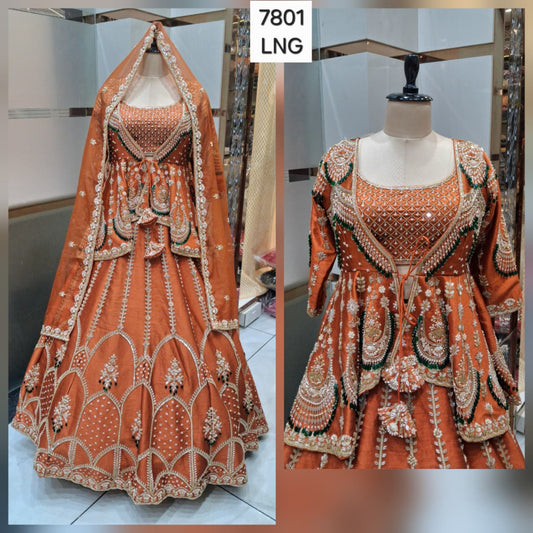 Gorgeous Orange peach Ready to wear Crop Top Lehenga