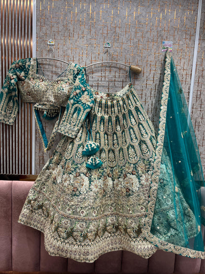 Engaging Turquoise green peacock Crop top Lehenga
