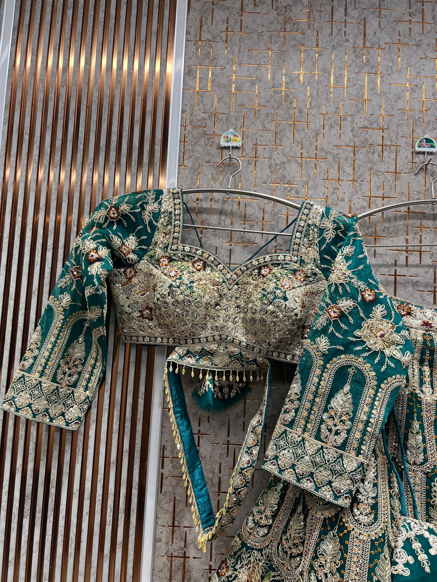 Engaging Turquoise green peacock Crop top Lehenga