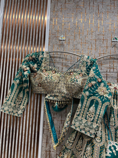 Engaging Turquoise green peacock Crop top Lehenga