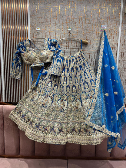 Engaging Turquoise green peacock Crop top Lehenga