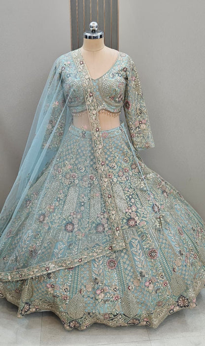 Pleasing Sky blue Crop Top Ready To Wear Lehenga