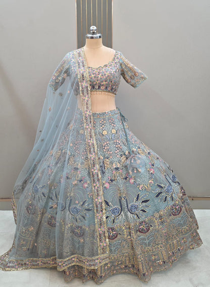 Embellished Sky blue peacock crop Top Ready To Wear Lehenga