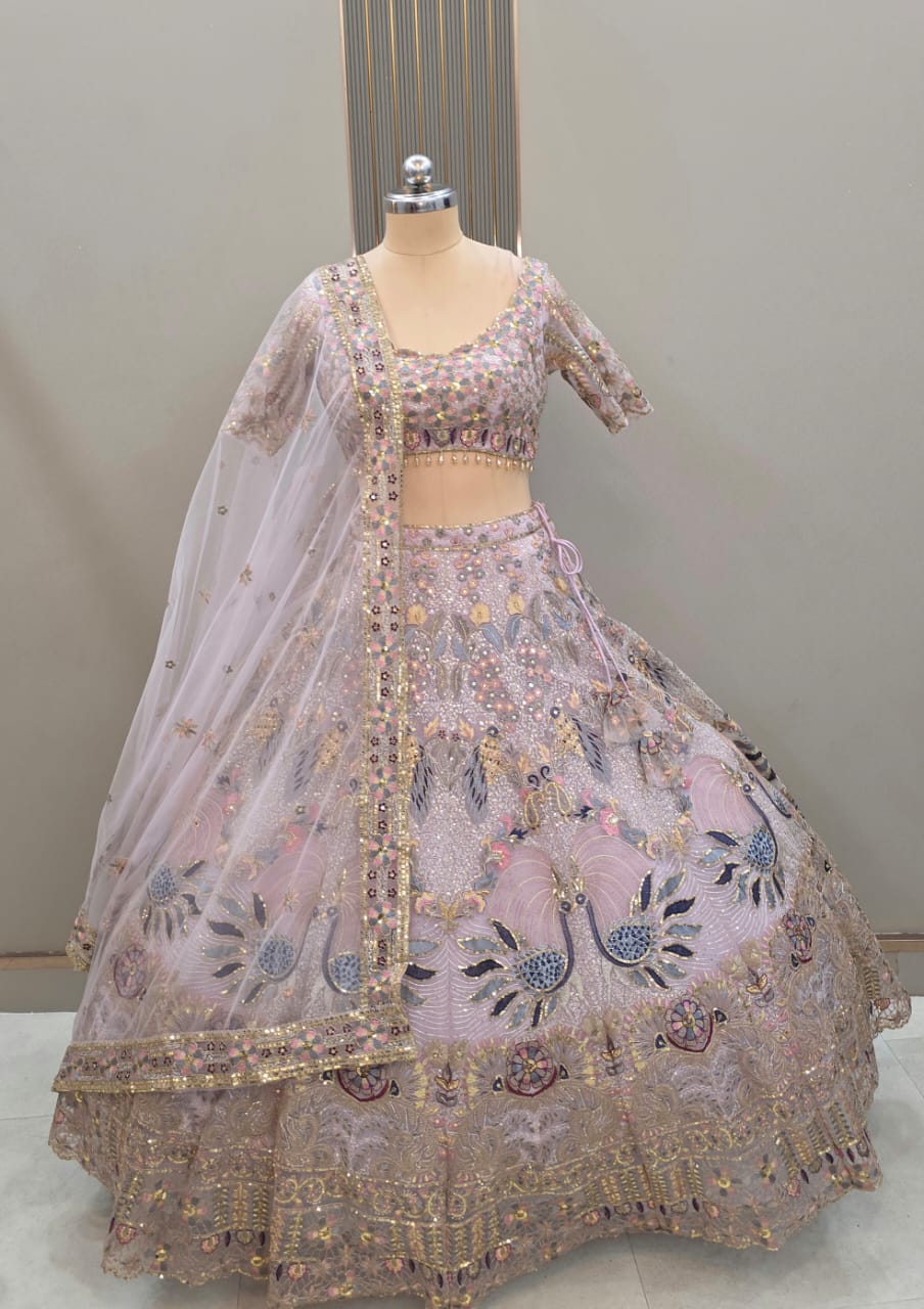 Embellished Sky blue peacock crop Top Ready To Wear Lehenga