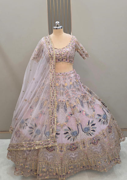 Embellished Sky blue peacock crop Top Ready To Wear Lehenga