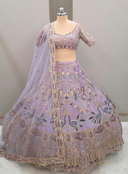 Embellished Sky blue peacock crop Top Ready To Wear Lehenga