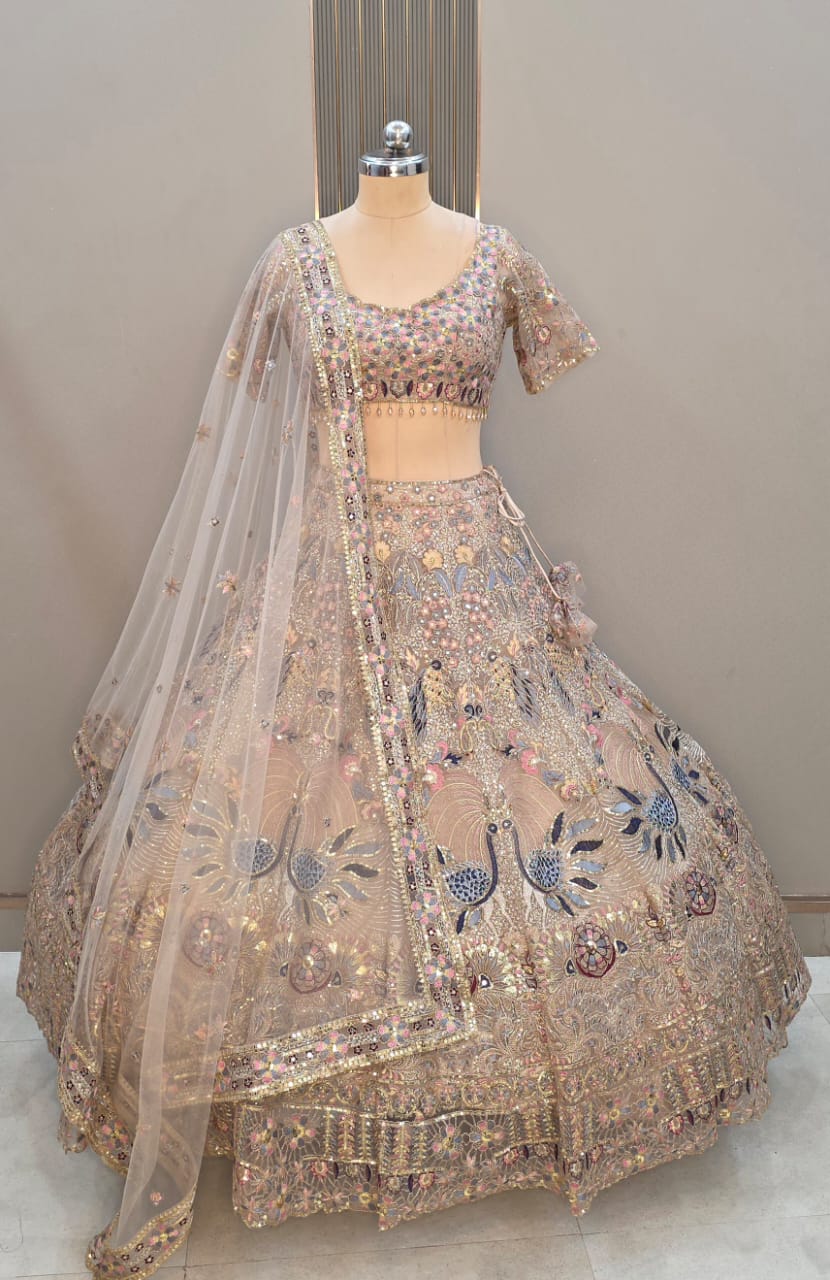 Embellished Sky blue peacock crop Top Ready To Wear Lehenga