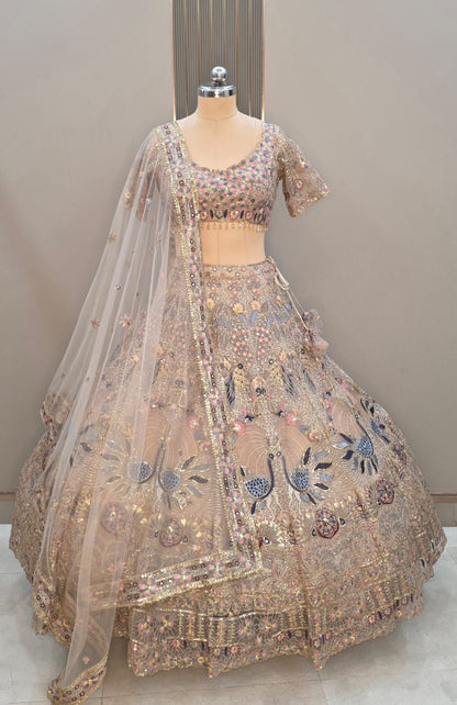 Embellished Sky blue peacock crop Top Ready To Wear Lehenga