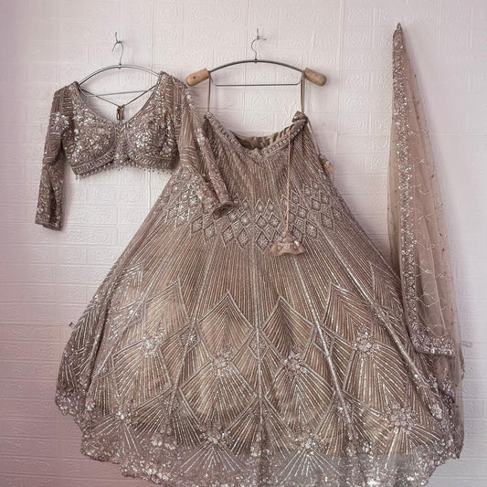 Fantastic beige golden Ready to wear Crop Top Lehenga