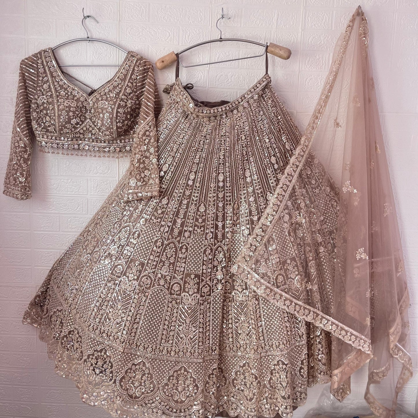 Fantastic beige pink golden Ready to wear Crop Top Lehenga