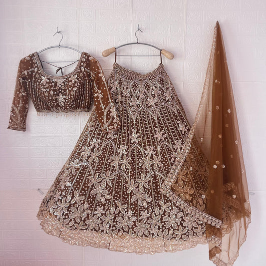 Fabulous Dark Brown Floral Ready to wear Crop Top Lehenga