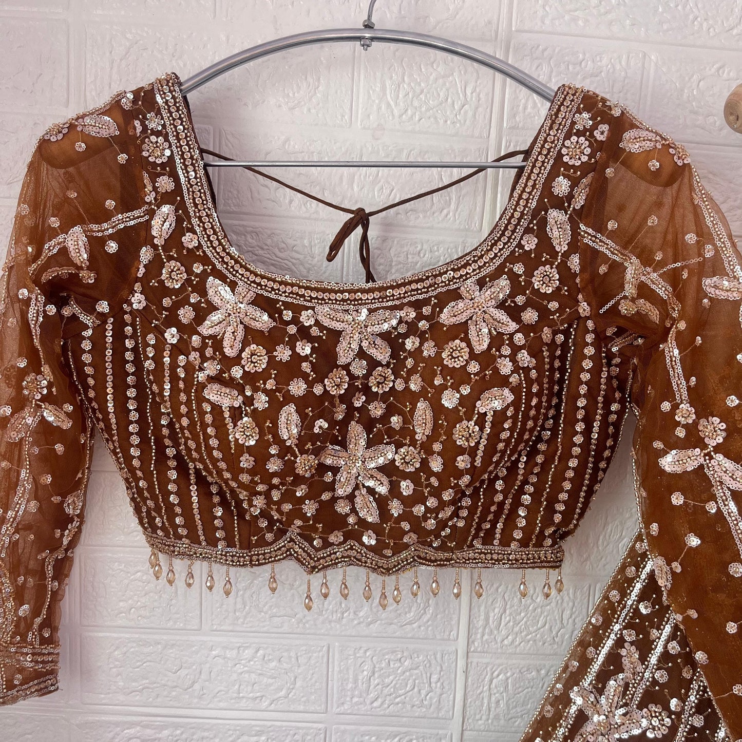 Astonishing beige brown Ready to wear Floral Crop Top Lehenga