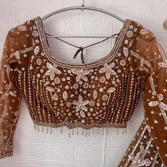 Fabulous Dark Brown Floral Ready to wear Crop Top Lehenga