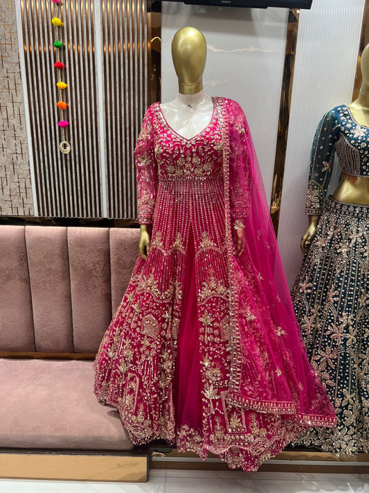 Majestic Hot pink Peplum long Dress Farshi Gaharara Dress Special