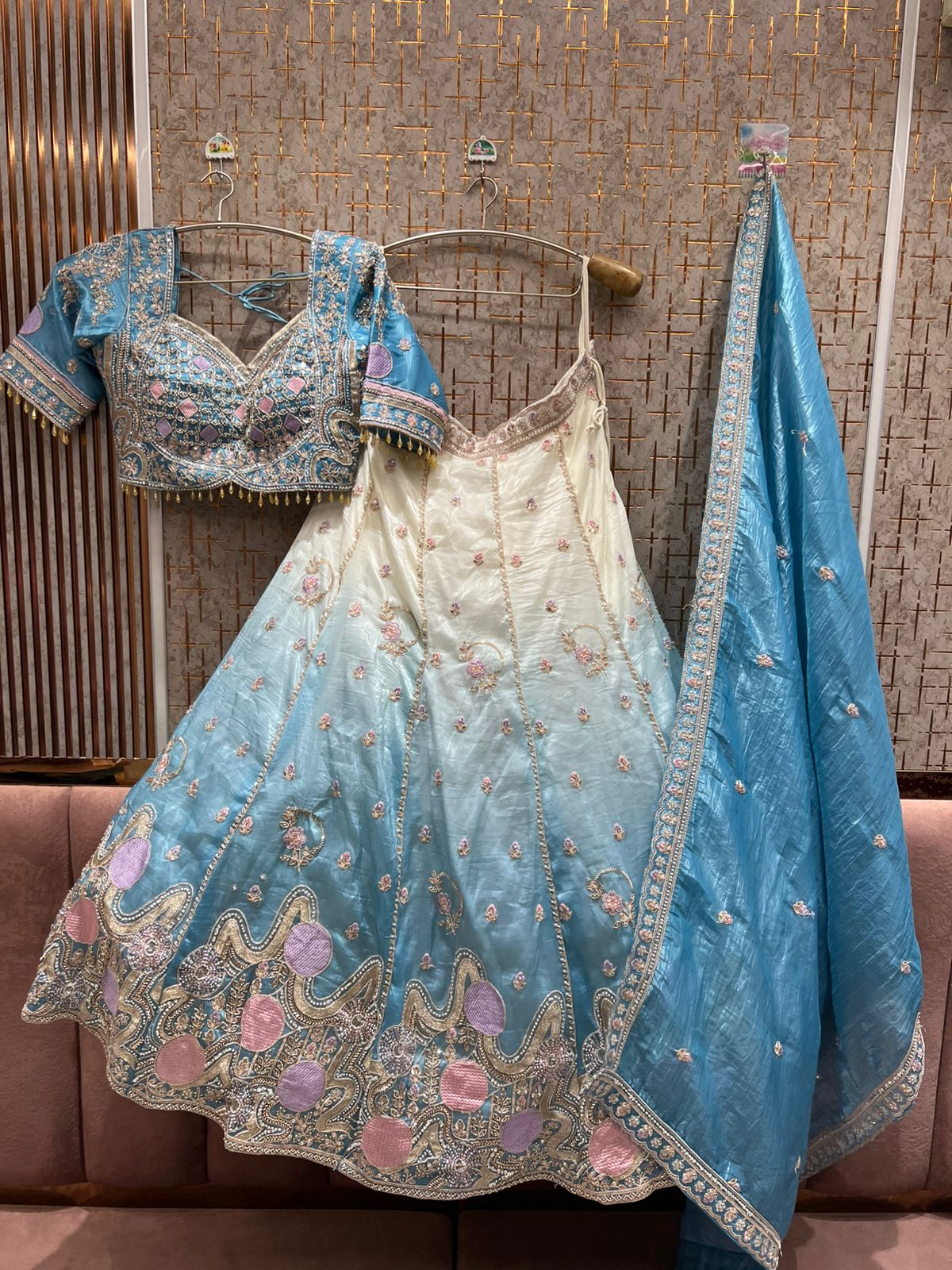 Astonishing Sky blue off white Ready to Wear crop top Lehenga