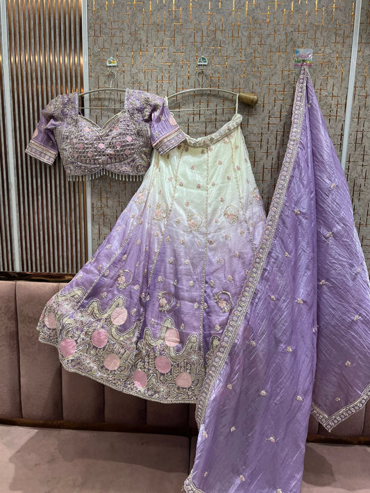 Attractive Lavender off white Ready to Wear crop top Lehenga
