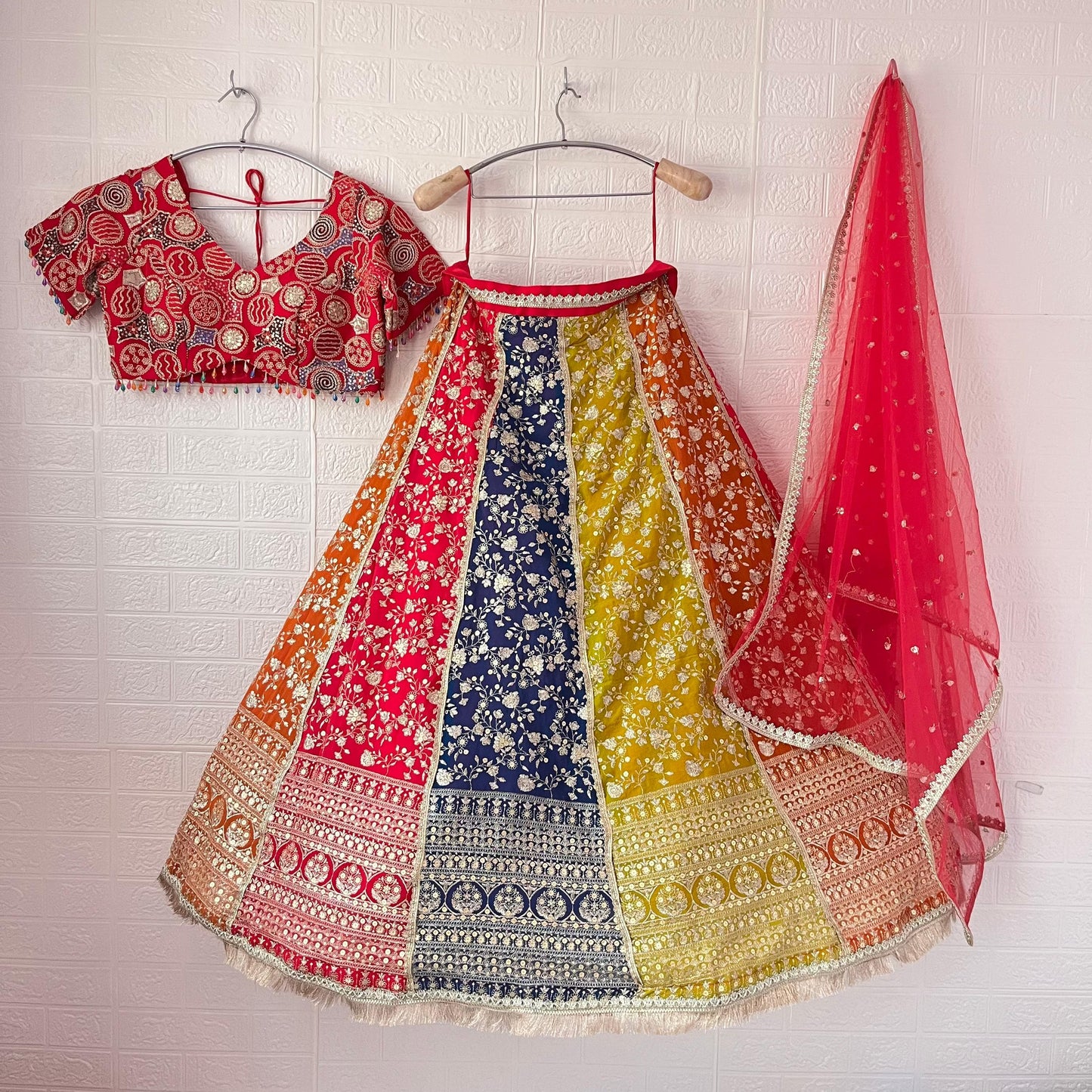 Tremendous multicolour yellow Hot pink Dark blue Rust orange Ready to wear Crop Top Lehenga