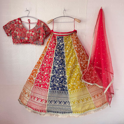 Tremendous multicolour yellow Hot pink Dark blue Rust orange Ready to wear Crop Top Lehenga
