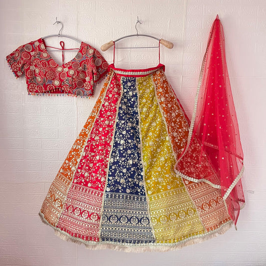 Tremendous multicolour yellow Hot pink Dark blue Rust orange Ready to wear Crop Top Lehenga