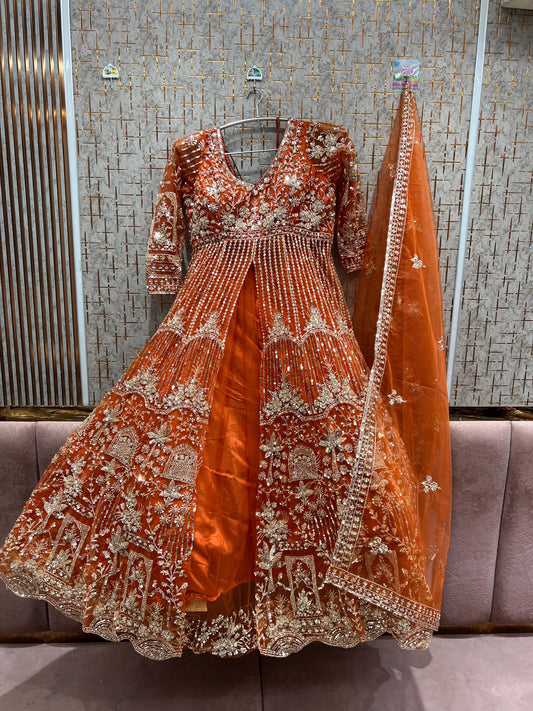 Beautiful orange Peplum long Dress Farshi Gaharara Dress Special